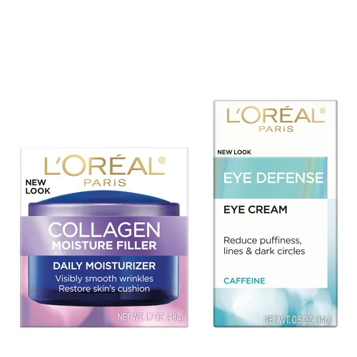 Vista 2 de L'Oreal Paris Crema hidratante facial de colágeno para día y noche, 1.7 onzas + crema de ojos Dermo-Expertise Eye Defense, 0.5 onzas