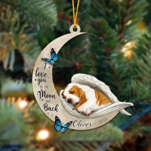 Vista 104 de Adorno colgante personalizado de ángel durmiendo en la luna, perro sabueso afgano, nombre personalizado, acrílico impreso en 2D plano – cumpleaños
