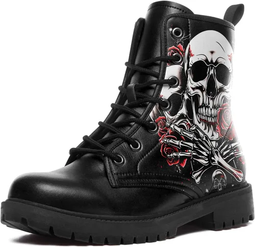 Vista 8 de Botas de combate negras personalizadas para mujer, con lazada, estilo cráneo y rosa, botas de tacón grueso y plataforma de cuero