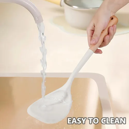 Vista 6 de Juego de 4 utensilios de cocina de silicona, juego de utensilios de cocina grandes antiadherentes con mango de madera, grado alimenticio, resistente