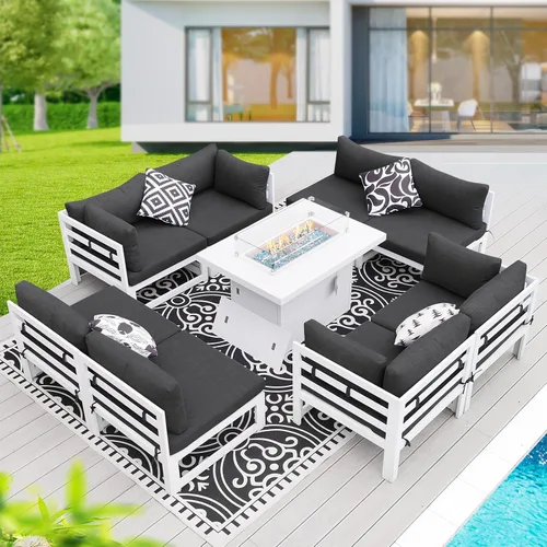 Vista 11 de BULEXYARD - Sofá modular de aluminio para exteriores con mesa para fogata, 7 piezas, color verde azulado