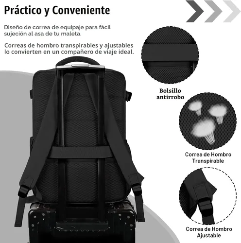 Vista 5 de Mochila de cabina para mujeres y hombres – Aprobada por aerolíneas, tamaño para debajo del asiento, compartimento para portátil de 15.6", apertura