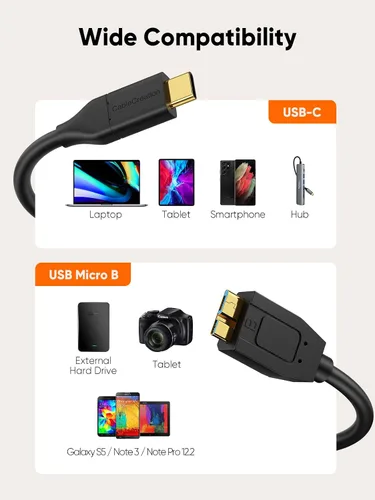 Vista 5 de CableCreation Cable corto USB C a Micro B de 1 pie, 10G Micro B a USB C, cable de disco duro externo para iPhone 15/16/17, Samsung Galaxy S24