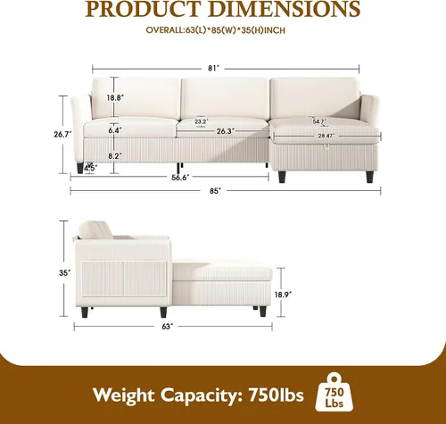 Vista 2 de Valthie - Sofá seccional convertible, sofá de terciopelo en forma de L con chaise reversible y almacenamiento, sofá de 3 plazas con bolsillo lateral