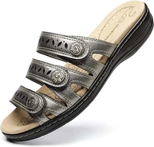 Vista 16 de Sandalias de cuero cómodas para mujer, ligeras, planas, bonitas, sin cordones, informales, para caminar Beige