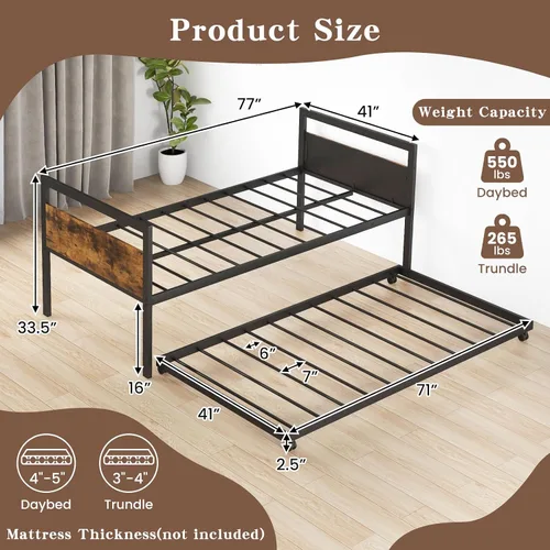 Vista 10 de KOMFOTT Sofá cama de metal de tamaño individual con nido, marco de sofá cama con cabeceras de madera, soporte de listones de metal, marco de sofá