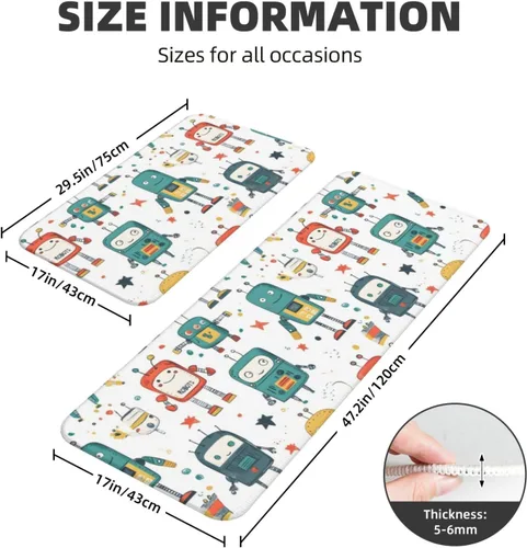 Vista 3 de Antifatigue Kitchen Mats for Floor 2 Piece - Cute Colorful Robot Print Kitchen Rugs Washable, Non Slip Runner Rug Standing Mat for