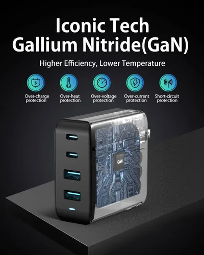 Vista 4 de Cargador USB C de 100 W, bloque de carga rápida GaN de 4 puertos, bloque de carga plegable tipo C, bloque de carga rápida compatible con MacBook