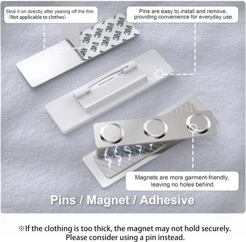 Vista 4 de Etiquetas de nombre magnéticas Insignias de identificación de metal grabadas personalizadas con pin o respaldo adhesivo Etiquetas