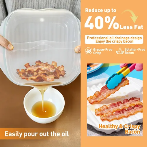 Vista 3 de Bandeja para microondas con tapa, cocinador de tocino para microondas, diseño eficiente de drenaje de aceite para tocino más saludable y crujiente