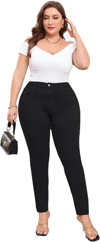 Vista 5 de KISSPLUS Pantalones de mezclilla ajustados de talla grande para mujer, cintura alta, lápiz de cintura alta, elásticos, pantalones de mezclilla