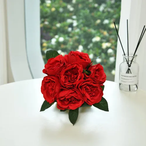 Vista 8 de Ramo de Peonías de Seda Artificial con Centro de Mesa Floral Artificial en Florero de Vidrio para Decoración de Boda en el Hogar (Rojo)