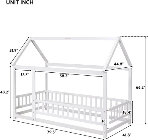 Vista 2 de LLS Base de cama individual con techo, cama Montessori de madera con valla, cama de casa para dormitorio de niños y niñas, blanco, blanco + pino