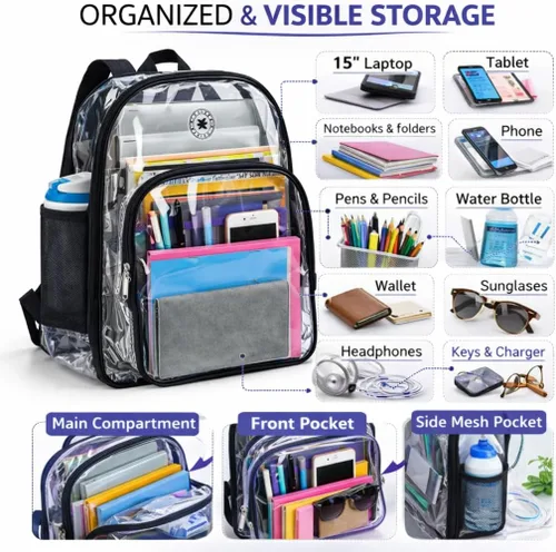 Vista 7 de K-Cliffs Large Transparent Backpack Clear Heavy Duty School Bag Durable Student Bookbag See Through Vinyl Daypack Workbag Claro/Negro