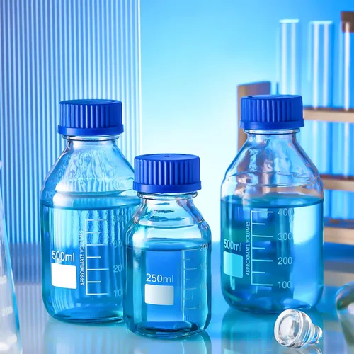 Vista 4 de Chuarry 16 botellas de vidrio para almacenamiento multimedia, 8.5 fl oz Storage Glass Bottle, Scientific Round Graduated Media Bottle, with Blue