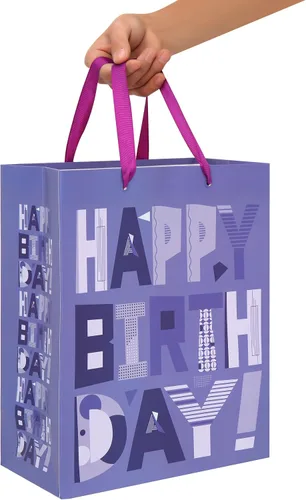 Vista 6 de Juego de bolsas de regalo moradas grandes de 13 pulgadas con tarjeta de felicitación y papel de seda lavanda (feliz cumpleaños de dibujos animados)
