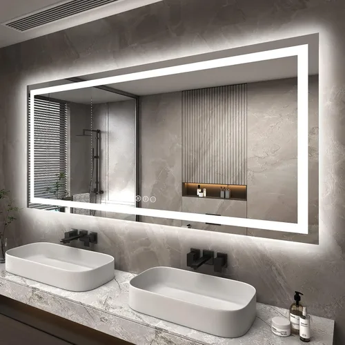 Vista 44 de Espejo de baño LED iluminado de 30 x 30 pulgadas para pared, espejo cuadrado de tocador con luces, regulable, antivaho, a prueba de roturas