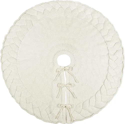 Vista 7 de Falda de Árbol de Navidad de 36 Pulgadas: Falda de Árbol de Lápiz para Árbol de 6 Pies, Falda de Árbol Tejida en Trenzado de Canasta Crema Blanca