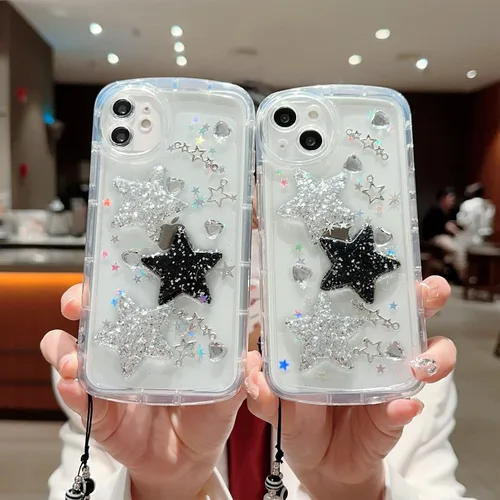 Vista 3 de Compatible con iPhone 11 Pro Funda Transparente Bonita con Diseño de Estrella con Purpurina en 3D con Perlas y Pulsera de Perlas, Diseño de Cadena