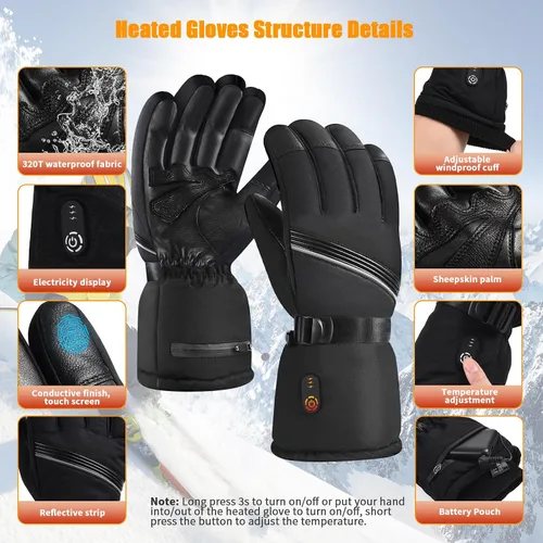 Vista 4 de Orznez Guantes calefactables, guantes de invierno para hombres y mujeres con 2 baterías de 2600 mAh, guantes térmicos impermeables para clima frío