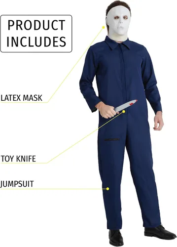 Vista 2 de Maxim Party Supplies Disfraz de terror de lujo para hombre, incluye mono, máscara espeluznante con pelo, cuchillo de juguete para cosplay, Halloween