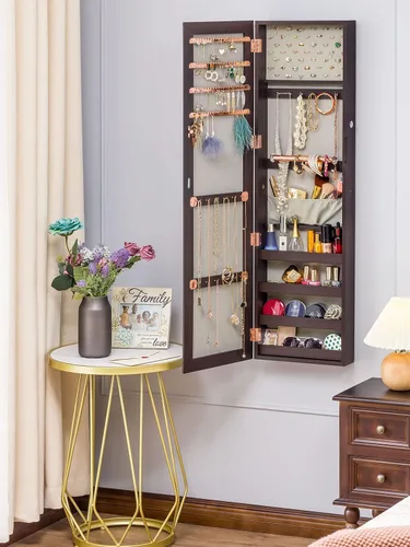 Vista 9 de LUXFURNI Armario de joyería de cuerpo entero con cerradura para maquillaje organizador grande de almacenamiento de cosméticos para colgar