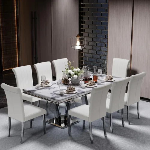 Vista 3 de ACEDÉCOR Mesa de comedor, mesa de comedor rectangular moderna de 78 pulgadas para 6-8 personas, parte superior de textura gris y base geométrica