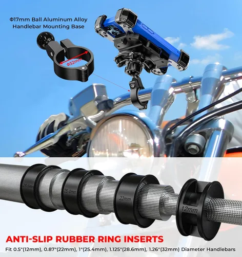 Vista 4 de VAZESWIN Soporte de teléfono para motocicleta con amortiguador de vibraciones, soporte para teléfono de bicicleta con bloqueo de 1s con base