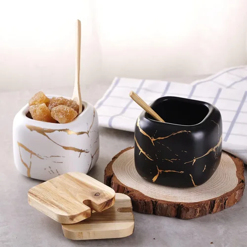 Vista 7 de VanEnjoy Tarro de porcelana decorativo de mármol con tapa de bambú y cuchara para condimentos para el hogar