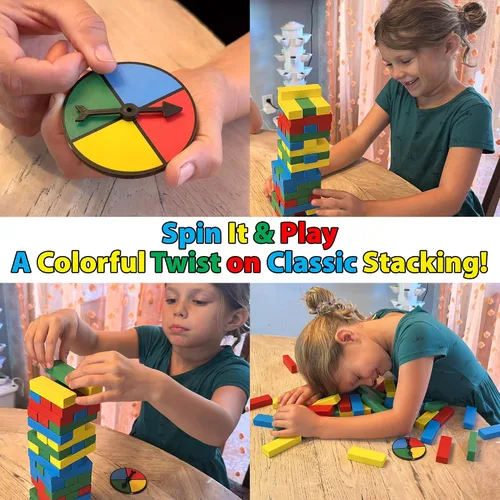 Vista 4 de Funwares Juego de apilamiento de madera Rainbow Stack con giro giratorio de color Spin, Pull the Matching Color & Stack, Builds Color Recognition