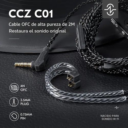 Vista 3 de Cable IEM de 2M 2 pines, cables de auriculares de 2 metros de largo con cable de extensión de auriculares chapado en plata compatible con Moondrop
