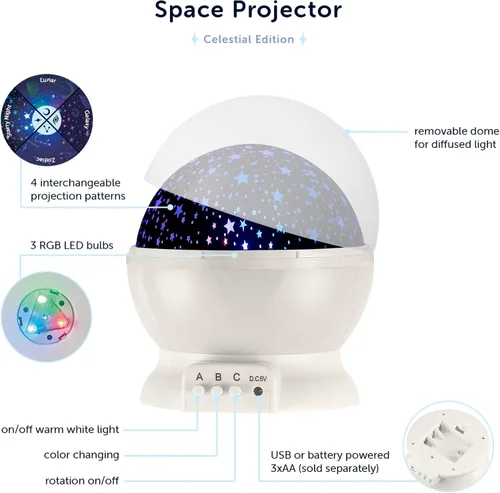Vista 5 de Globe Electric Proyector LED 13766 integrado que cambia de color con luz nocturna, 4 patrones de proyección intercambiables, difusor de cúpula