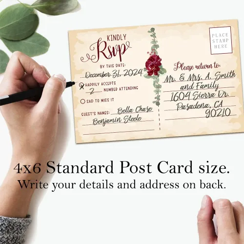 Vista 5 de Tarjetas postales RSVP - Invitaciones y sobres con tema de rosas burdeos para boda - Kit de invitación de boda minimalista, tarjetas RSVP en blanco