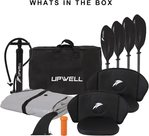 Vista 5 de UPWELL Kayak recreativo inflable de 13'6"/11' – 2 personas con piso de punto de caída y accesorios, incluyendo asientos de kayak con soporte