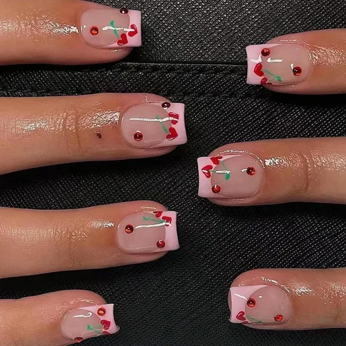 Vista 16 de Lindas uñas a presión de tamaño mediano - Uñas falsas cuadradas con punta francesa, uñas acrílicas rojas de cobertura completa brillantes