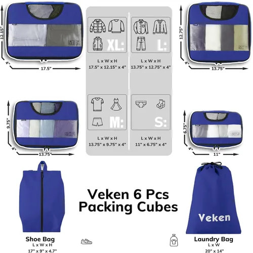 Vista 2 de 6 Set Packing Cubes for Suitcases, Travel Organizer Bags for Carry on Luggage, Veken Suitcase Organizer Bags Set for Travel Essentials Travel