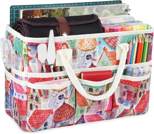 Vista 16 de Bolsa de mano organizadora de manualidades con múltiples bolsillos, gran caddy de almacenamiento de arte con asas para arte, manualidades, costura