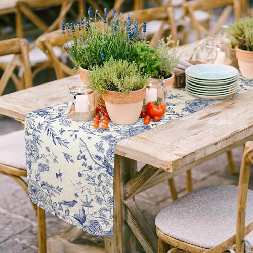 Vista 3 de AnyDesign Camino de mesa azul y blanco de 13 x 72 pulgadas, monocromático, pájaros, flores, cubierta de mesa retro floral para cocina, mesas