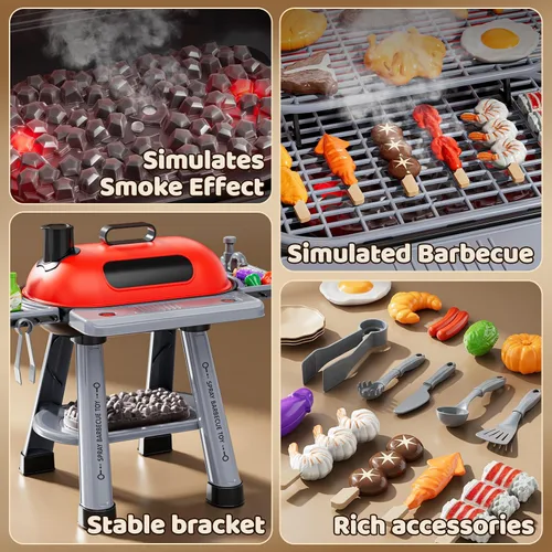 Vista 3 de NIPLOOOW Juego de juguetes de cocina para niños, parrilla de barbacoa para niños, juego de cocina con humo, sonido y luz, barbacoa de 2 capas