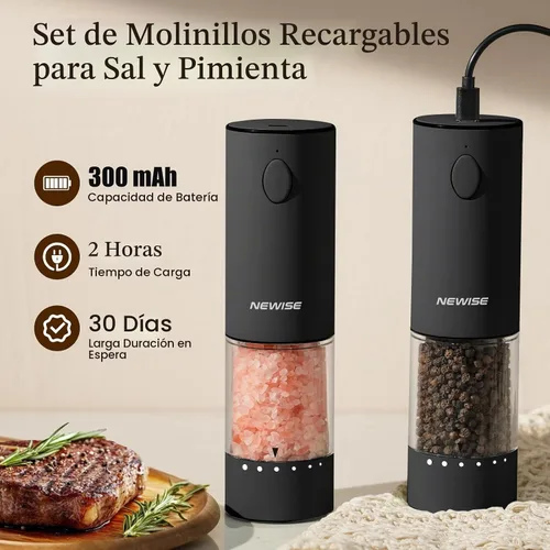 Vista 4 de Newise Juego de molinillo eléctrico de sal y pimienta, recargable con luz LED y ajuste de grosor externo, operación con una sola mano, regalos