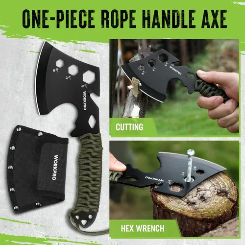 Vista 2 de WORKPRO Hacha de camping y machete con funda, hacha de campamento y cuchillos de hoja fija con mango de paracord, linterna frontal, pedernal, juego