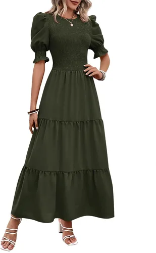 Vista 83 de BTFBM Vestidos para mujer, cuello redondo, casual, de verano, con volantes, manga corta, bohemio, con niveles, fruncido, largo, con estampado floral