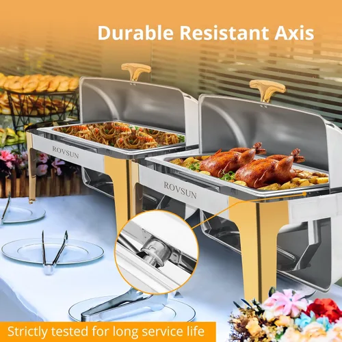 Vista 5 de ROVSUN Juego de platos de bufé con tapa enrollable, con detalles dorados, NSF de 9 cuartos de galón de acero inoxidable rectangular, juego