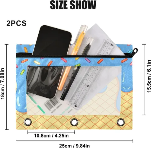 Vista 3 de Estuche para lápices de helado azul para 3 bolsillos para carpetas de anillos, bolsa transparente para lápices con cremallera suave, estuche rojo