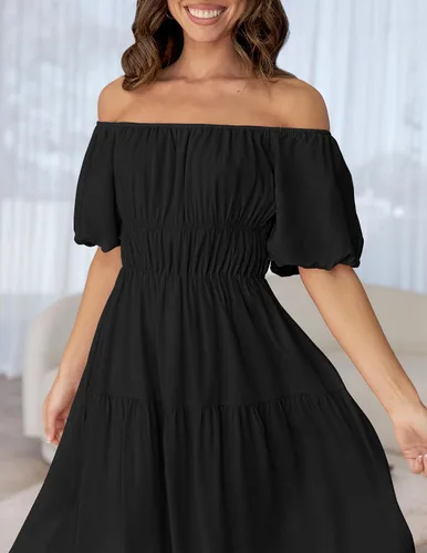 Vista 6 de ZESICA Vestido midi sexy bohemio con hombros descubiertos para mujer, de manga corta, cintura alta, con volantes, acampanado, para fiesta en la playa