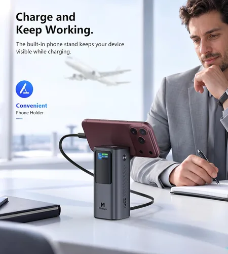 Vista 6 de Mukiya Laptop Power Bank, 20,000mAh 130W Built-in Retractable USB C Cable