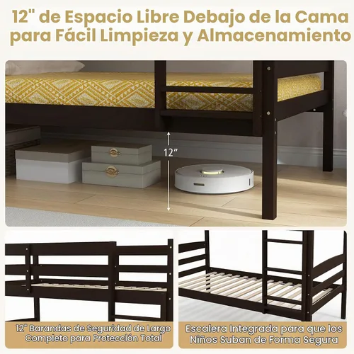 Vista 7 de KOMFOTT - Litera con tamaño doble sobre dos individuales, estructura de litera de madera con barandilla de longitud completa y escalera integrada
