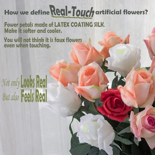 Vista 6 de 12 capullos de rosas artificiales medio abiertos, rosas de seda de tacto real de 17 pulgadas con flores parcialmente abiertas, flores artificiales