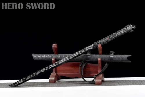Vista 4 de Espada china de acero al manganeso de alto manganeso negro Tang Dao - Espada china lista para combate, cuchillos de hoja afilada de espiga completa