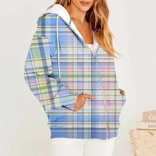 Vista 4 de Sudadera Y2K de gran tamaño para mujer, manga larga, con cremallera, cordón a cuadros, sudadera con capucha y ajuste holgado, ropa Y2K